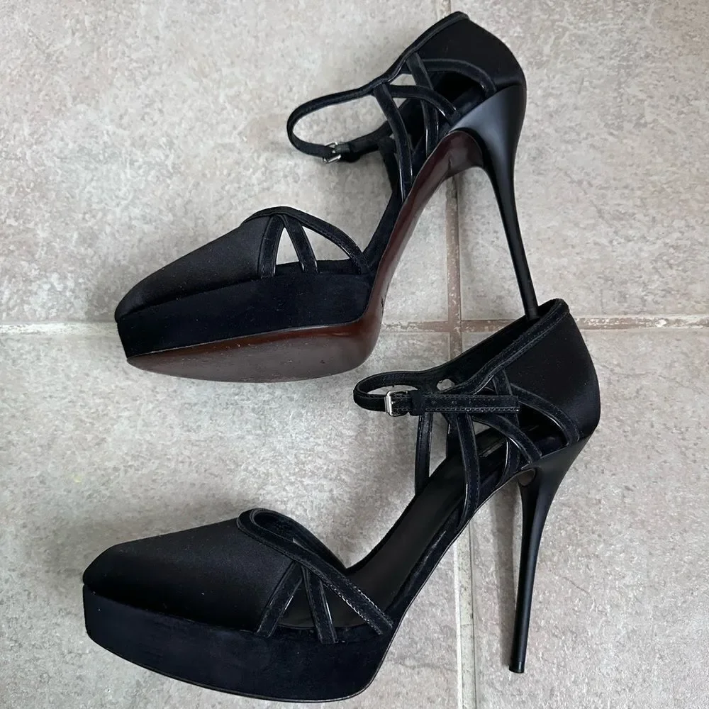 Calvin Klein Collection Black Satin Suede Platform Pumps with Strap‎ Size 9 8.5